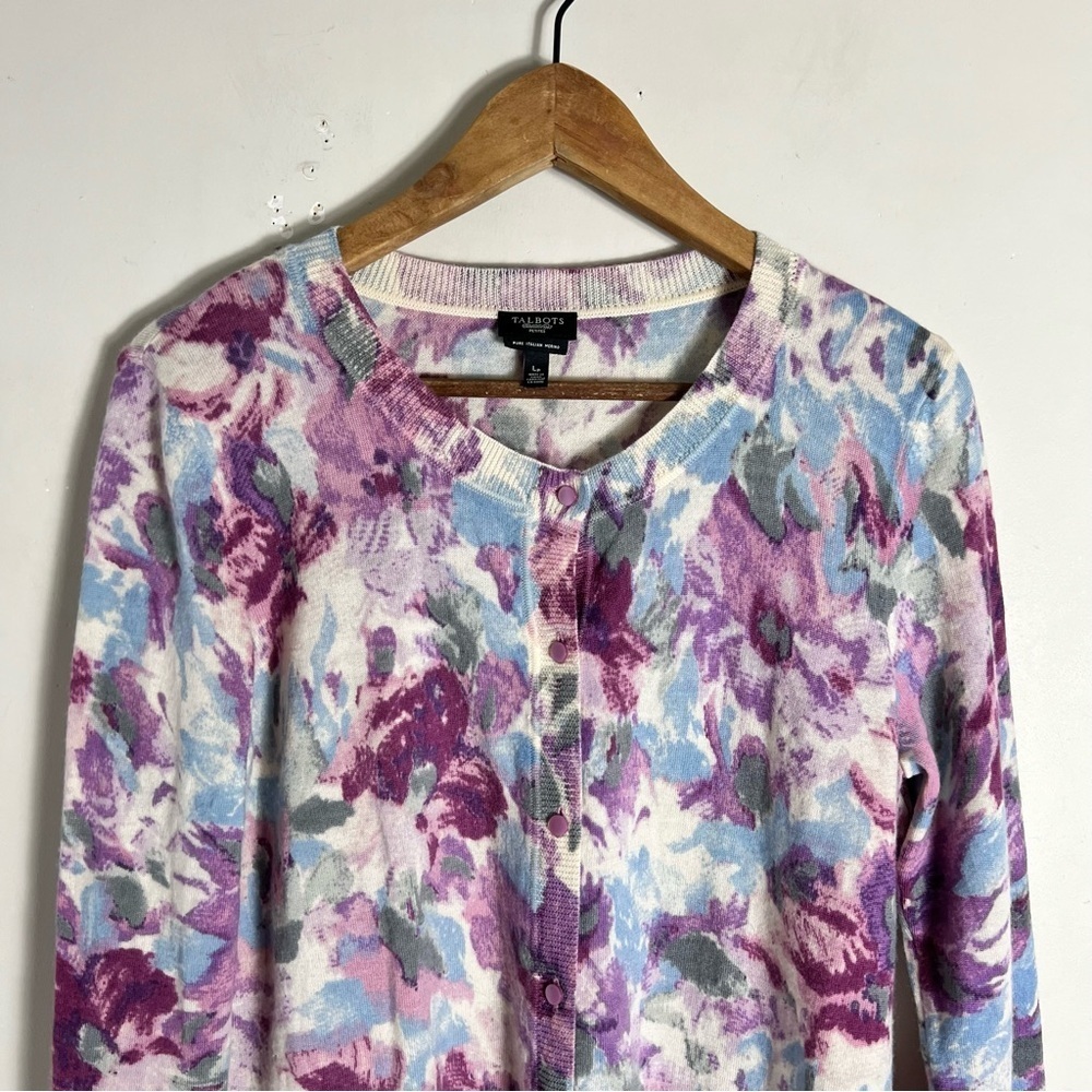 Talbots 100% Merino Wool Floral Button Up Cardigan Size Large Petite - Picture 3 of 9